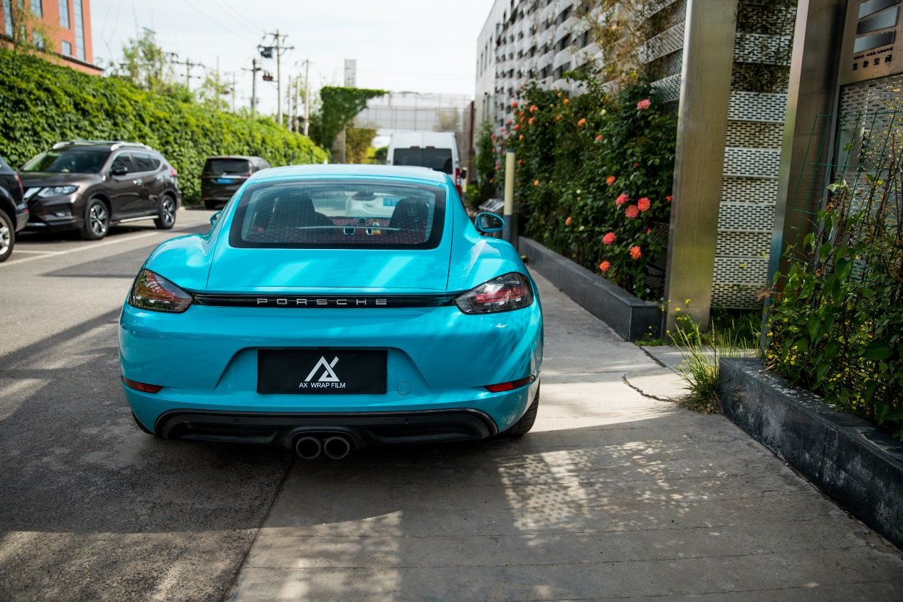 膜呗改色案例保时捷718cayman改色迈阿密蓝看着就是带劲