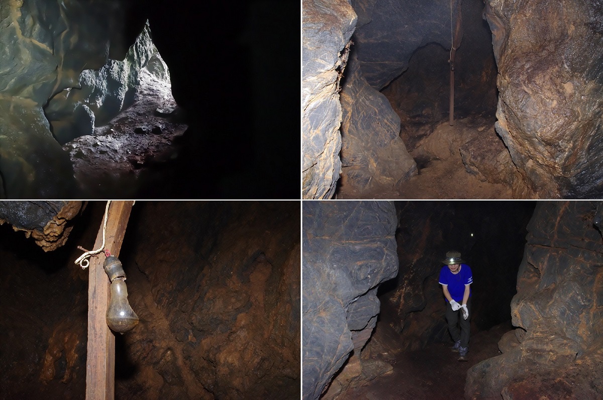 左上:大涤洞第二洞口;右上:大涤洞洞内;左下:大涤洞洞内残留的灯泡;右
