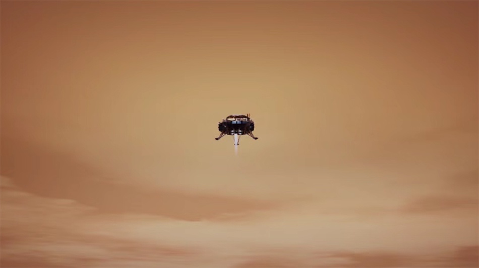 在距离火星高度100米的时候，借助降落发动机进行悬停