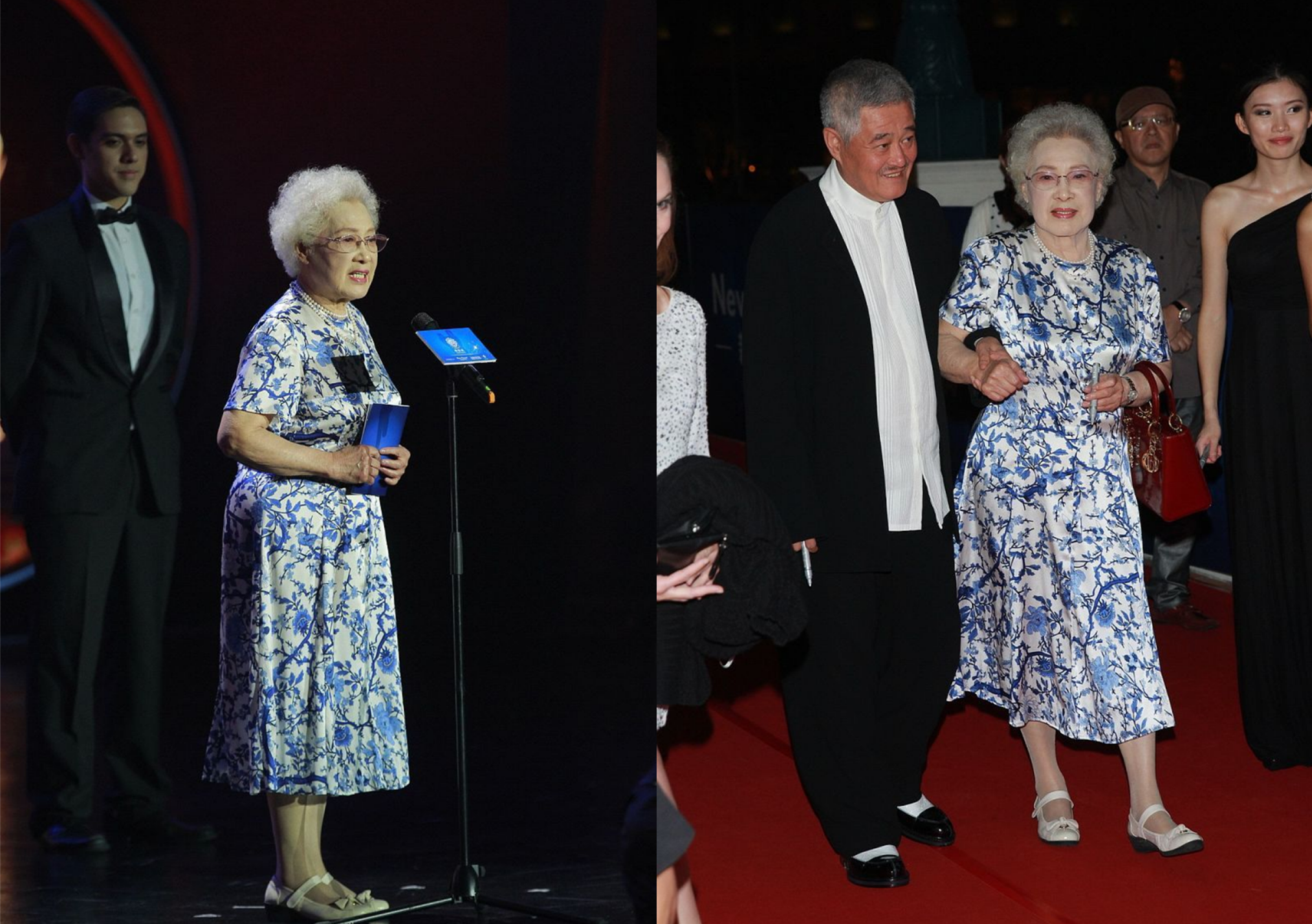 快100岁的秦怡还挺美,穿波点裙配浓妆优雅大方,一头白发好自然