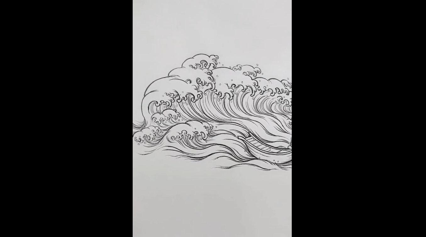 行笔又稳又流畅,工笔白描海浪. 搏艺玉道