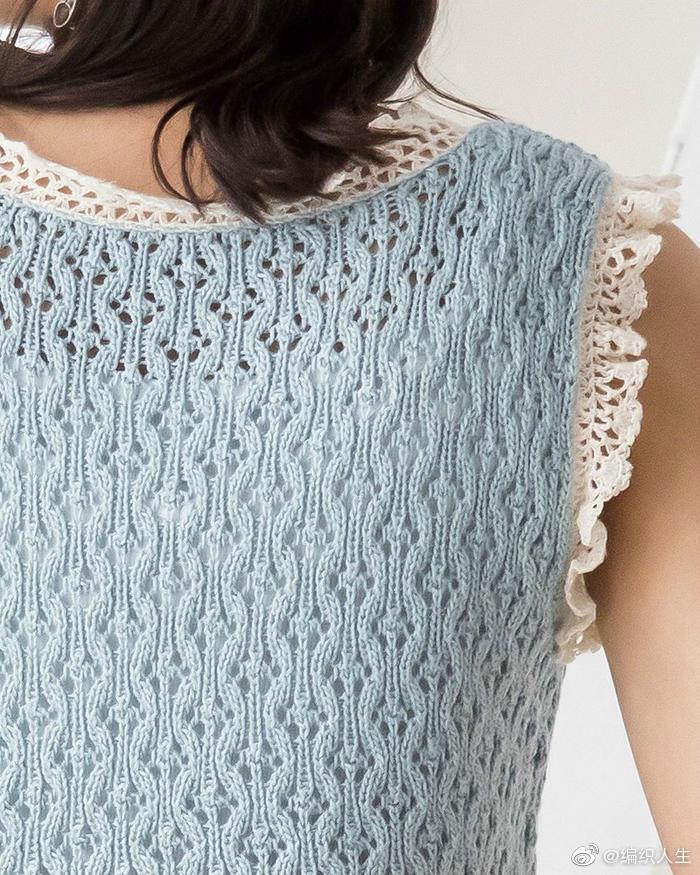 非常甜美的一款女士v领背心主体镂空花棒针编织