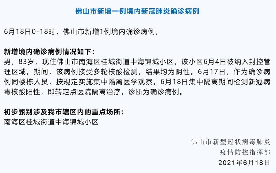 6月18日0-18时,佛山新增1例境内确诊病例