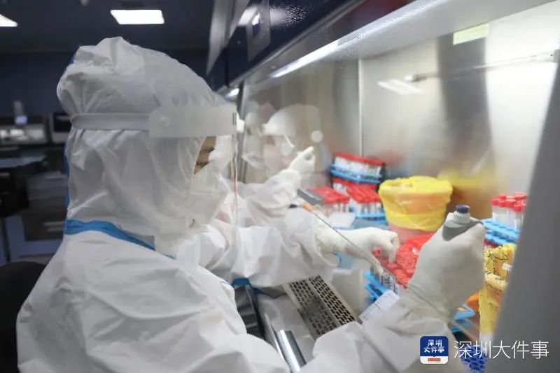 △ 521疫情发生后，深圳多个区域进行核酸大筛查，实验室保持24小时工作状态，检验人员三班倒，通宵达旦工作，造就核酸检测“深圳速度”。