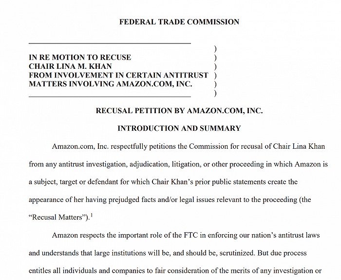 亚马逊叫板美国FTC新任一把手，正式提交司法回避申请