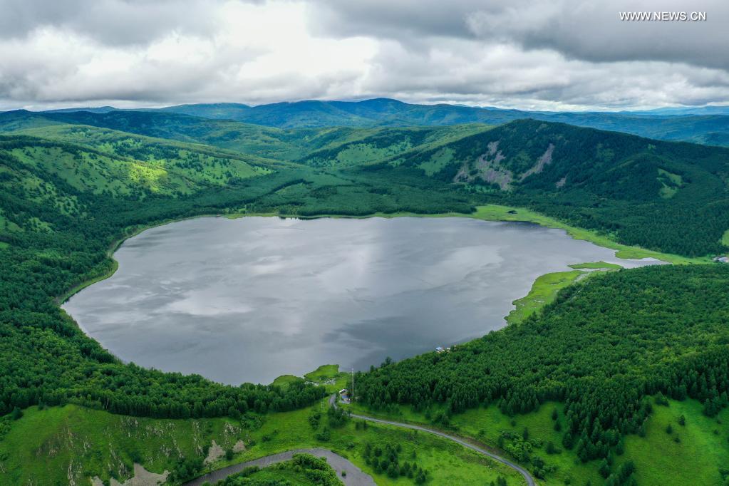 Aerial photo taken on July 14, 2021 shows the Wusulangzi Lake in the Arxan National Forest Park, north China's Inner Mongolia Autonomous Region. (Xinhua/Lian Zhen)