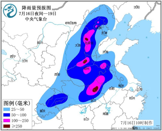 7月16日夜间—19日降雨量预报图.图片来源:中央气象台