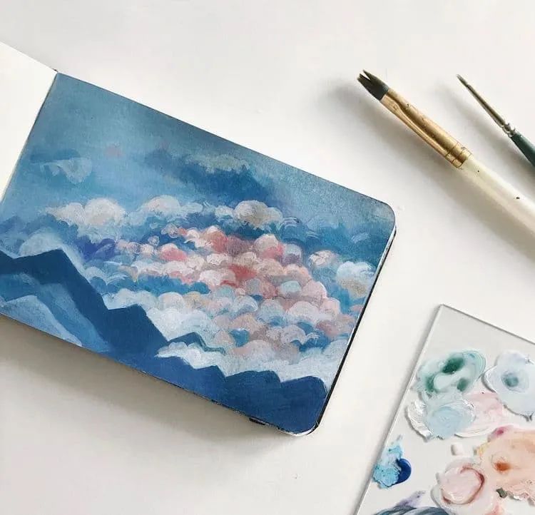 太浪漫了她用水粉画风景和天空糖果色彩让人沉醉