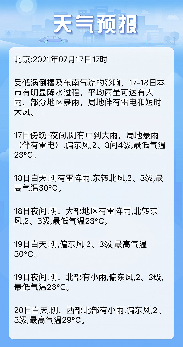 受低涡倒槽及东南气流的影响，北京市17日至18日有明显降水过程