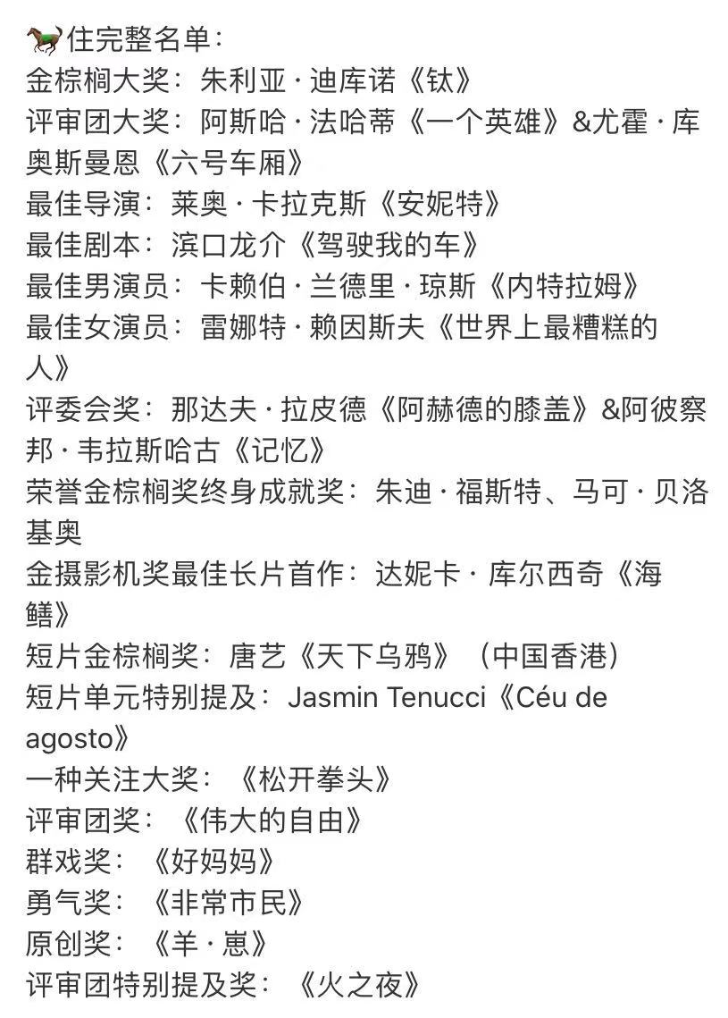 戛纳电影节完整获奖名单最佳影片被提前泄露唐艺夺得短片大奖
