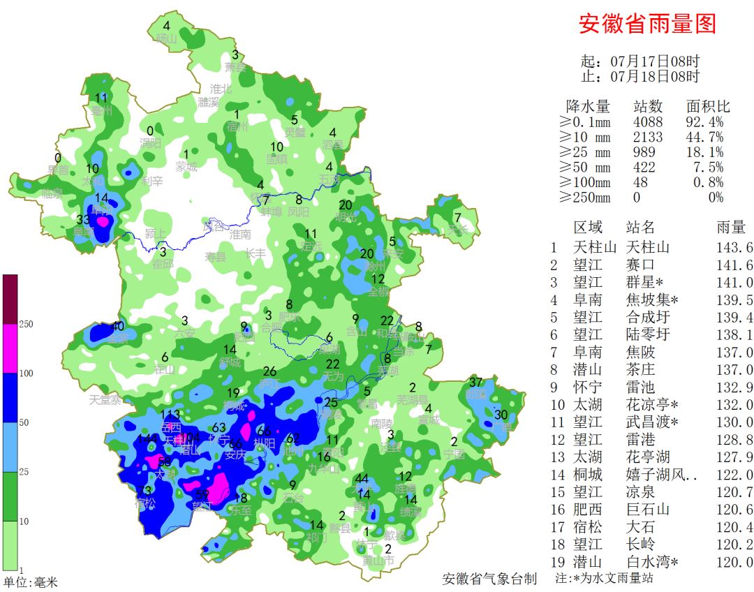 图1 17日08时-18日08时安徽省降水量实况