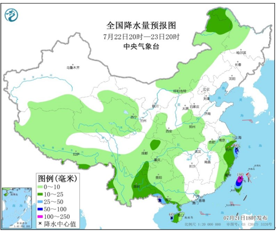 全国降水量预报图（7月22日20时-23日20时）