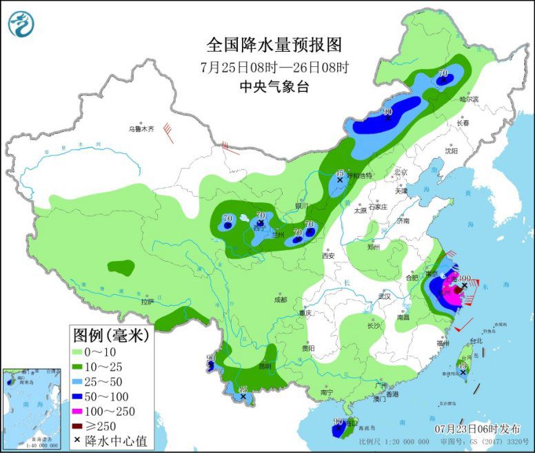 全国降水量预报图(7月25日08时-26日08时) 图片来源：中央气象台网站