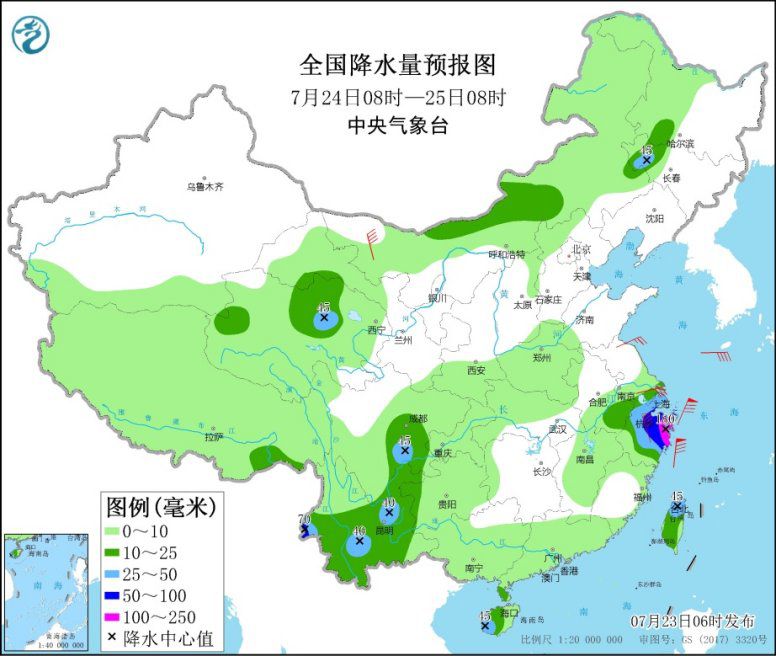 全国降水量预报图(7月24日08时-25日08时) 图片来源：中央气象台网站