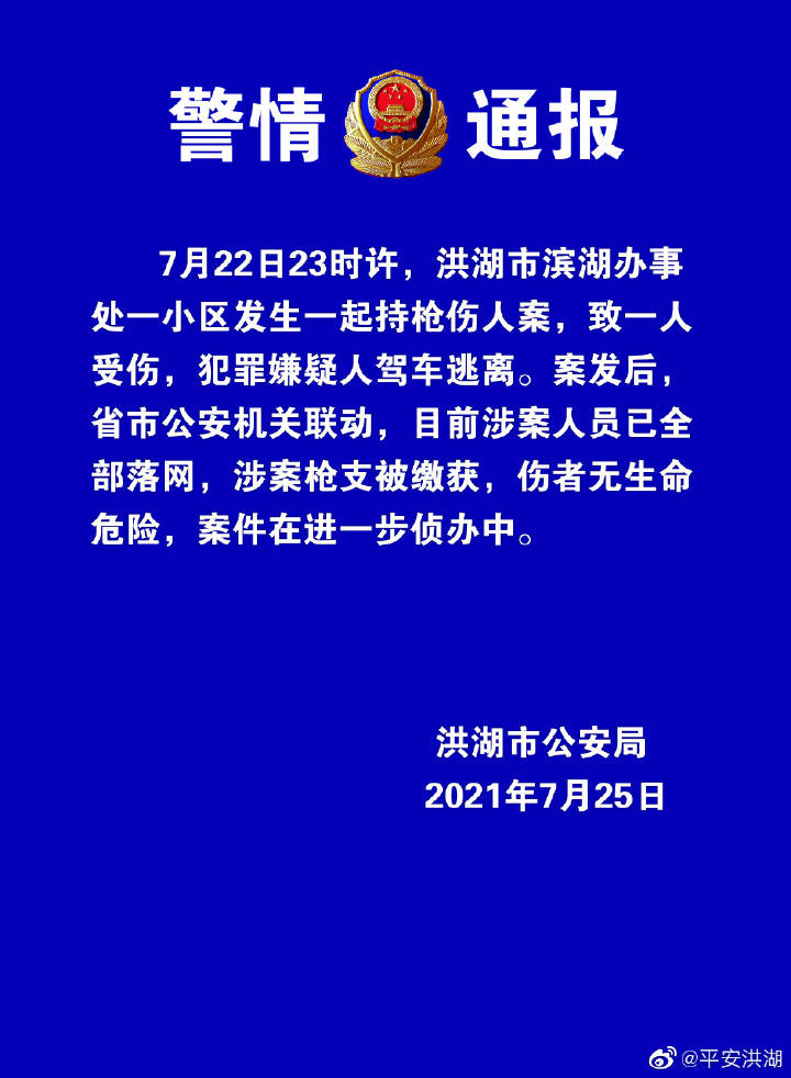 洪湖警方通报：一小区发生持枪伤人案，涉案人员已全部落网