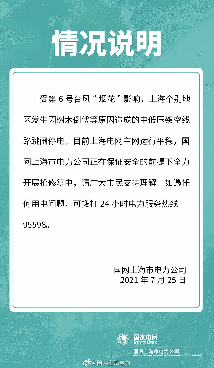 上海电力回应停电：因树木倒伏造成跳闸，正全力抢修