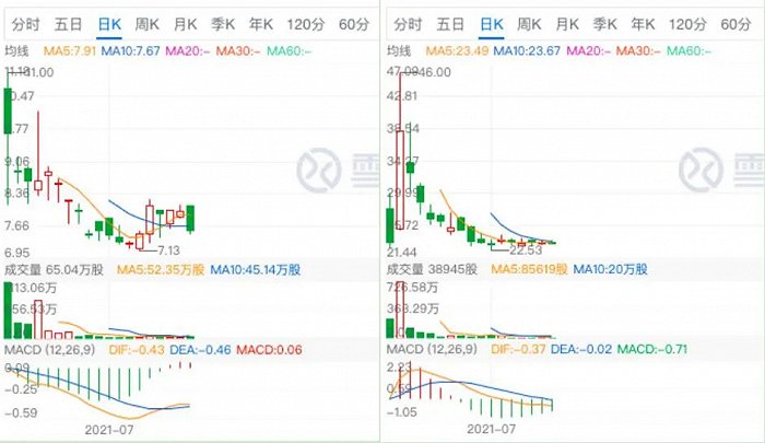 图：每日优鲜（左）和叮咚买菜（右）股价走势，来源：雪球