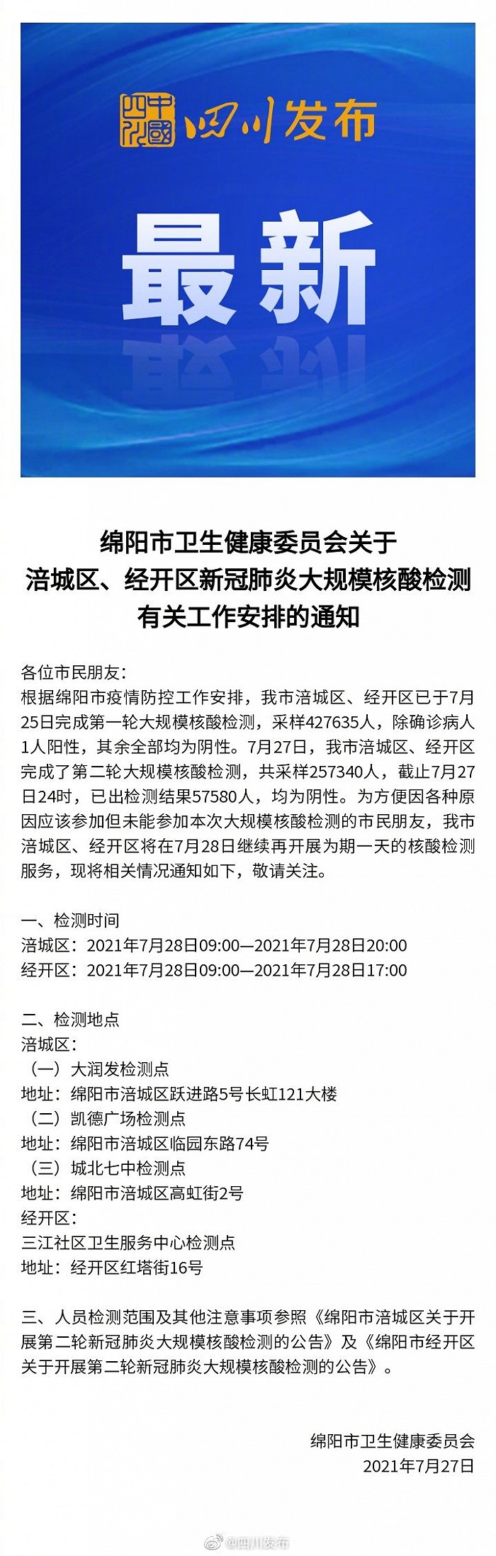 四川绵阳涪城区、经开区今日继续开展核酸检测工作