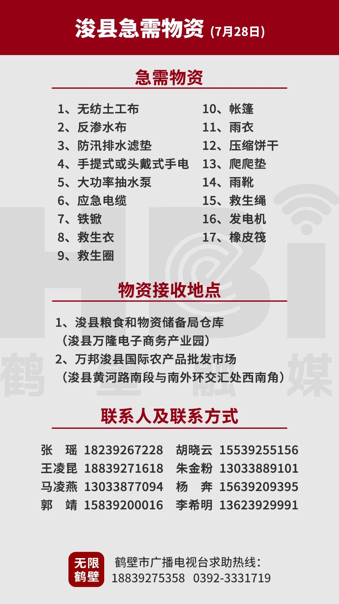 河南鹤壁浚县紧急征集防汛救援物资，公布十个免费接待点