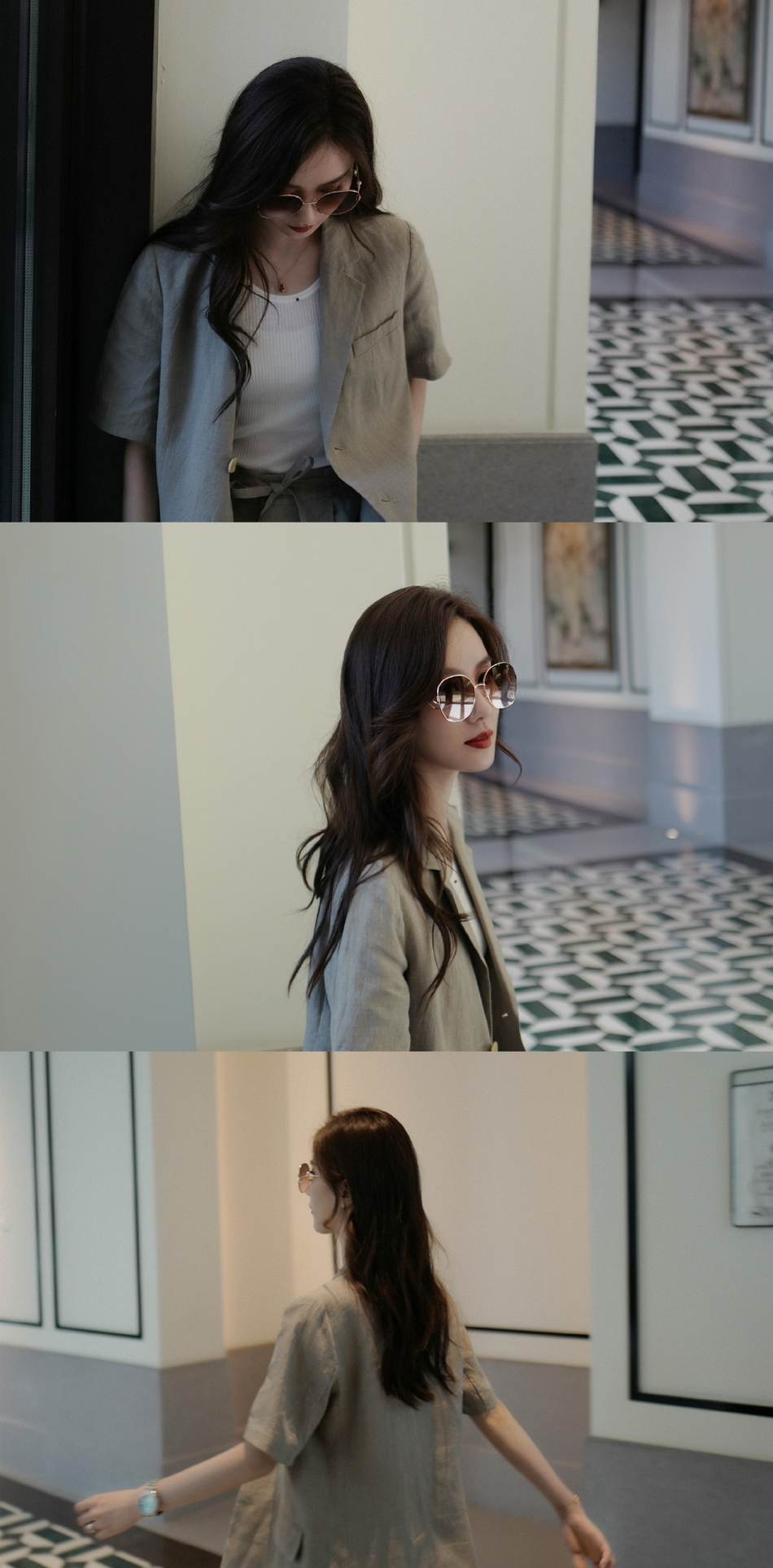 刘诗诗穿素色西装 斜倚窗前气质温柔