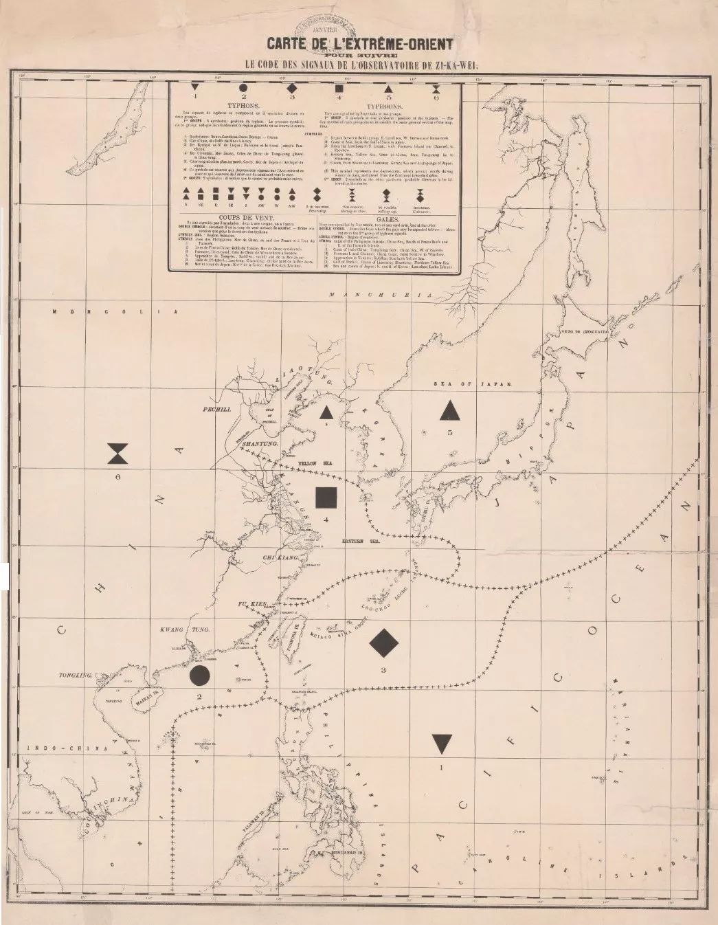 徐家汇观象台早期绘制的中国沿海台风记录图。