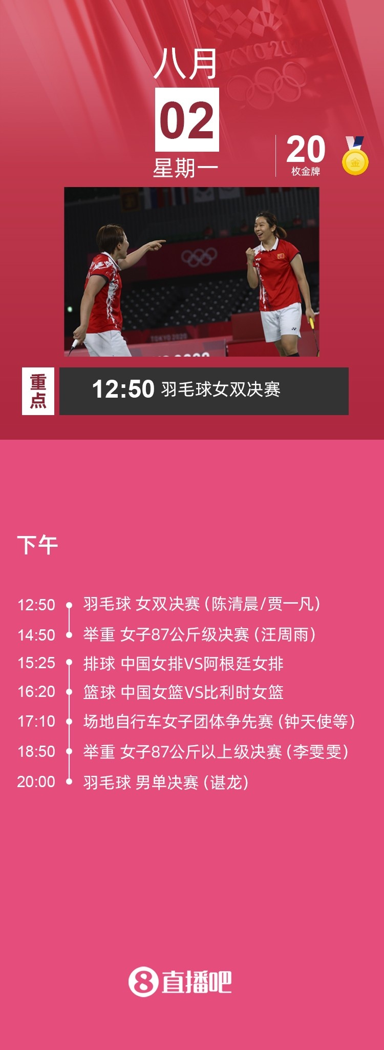 2日奥运看点：陈清晨/贾一凡出战羽毛球女双决赛 谌龙男单决赛休闲区蓝鸢梦想 - Www.slyday.coM