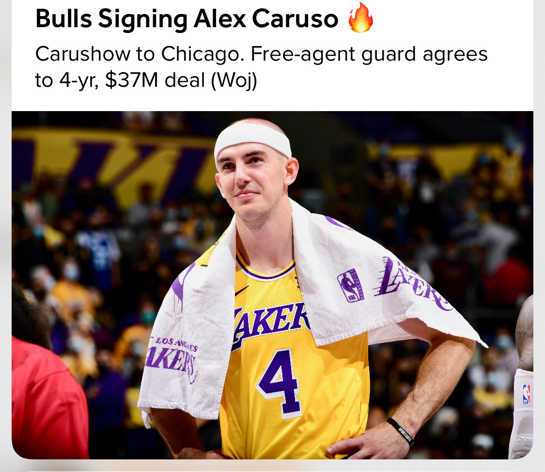 卡鲁索去公牛了!合同大小为4年3700万美元