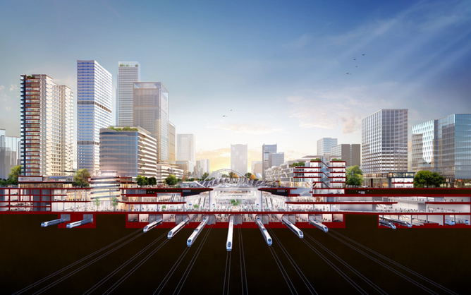 北京城市副中心站综合交通枢纽亮出首段顶板