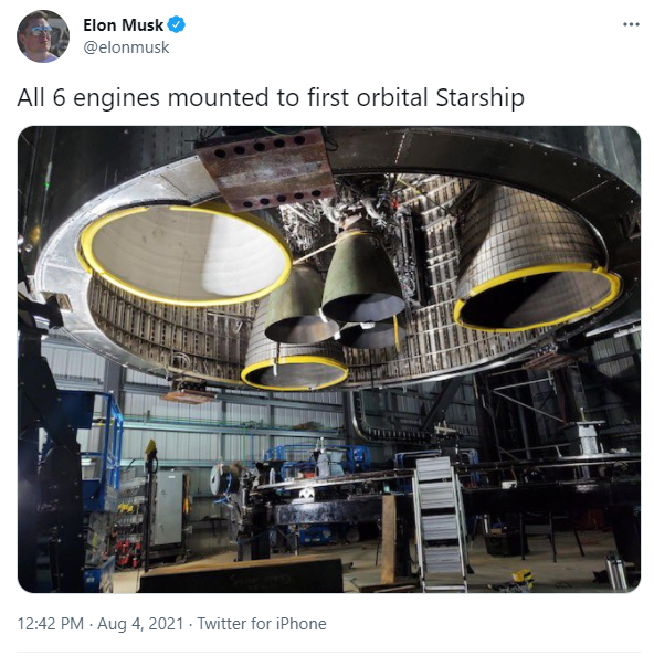 马斯克首次给SpaceX星舰装上6个发动机