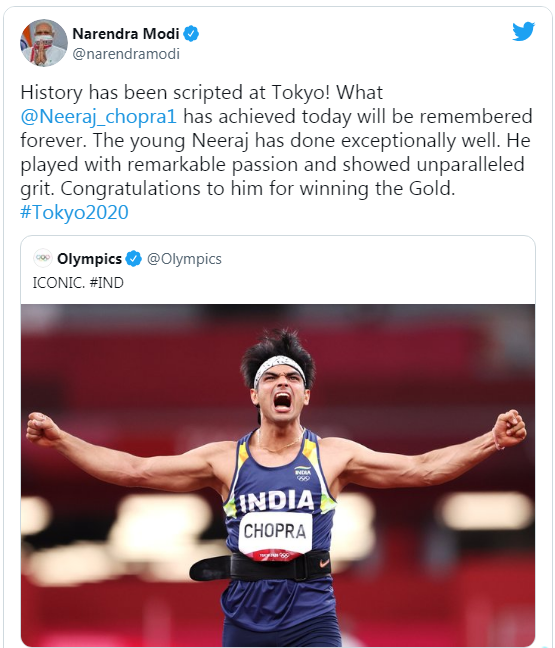 总理莫迪在推特上发文祝贺乔普拉获得东京奥运会男子标枪项目冠军。（图片来源：推特截图）