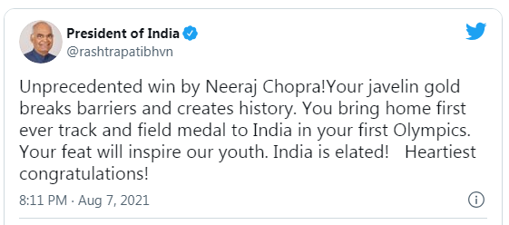 印度总统科温德在推特上发文祝贺乔普拉获得东京奥运会男子标枪项目冠军。（图片来源：推特截图）