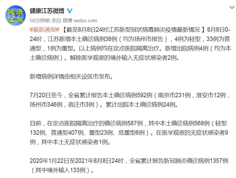 江苏8月8日新增新冠肺炎本土确诊病例38例 均在扬州