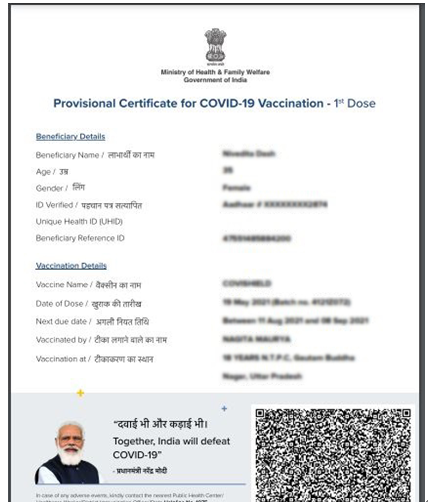 带有莫迪照片的疫苗接种证书（图源：印度电视台）