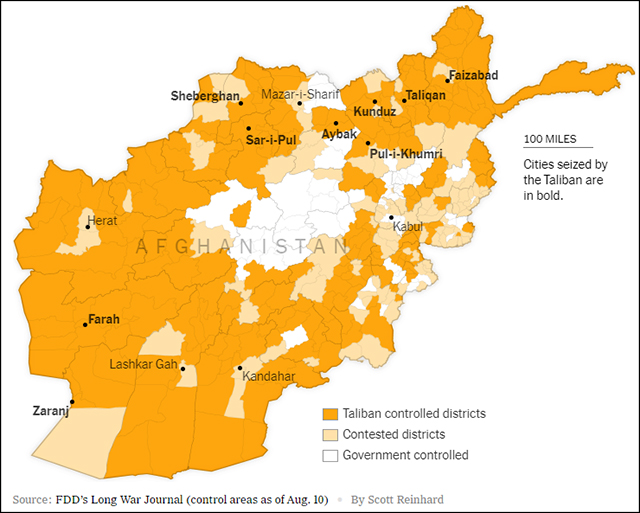 《纽约时报》10日的阿富汗局势图，橘色为阿塔控制区，白色为政府军控制区，浅黄色为争夺区
