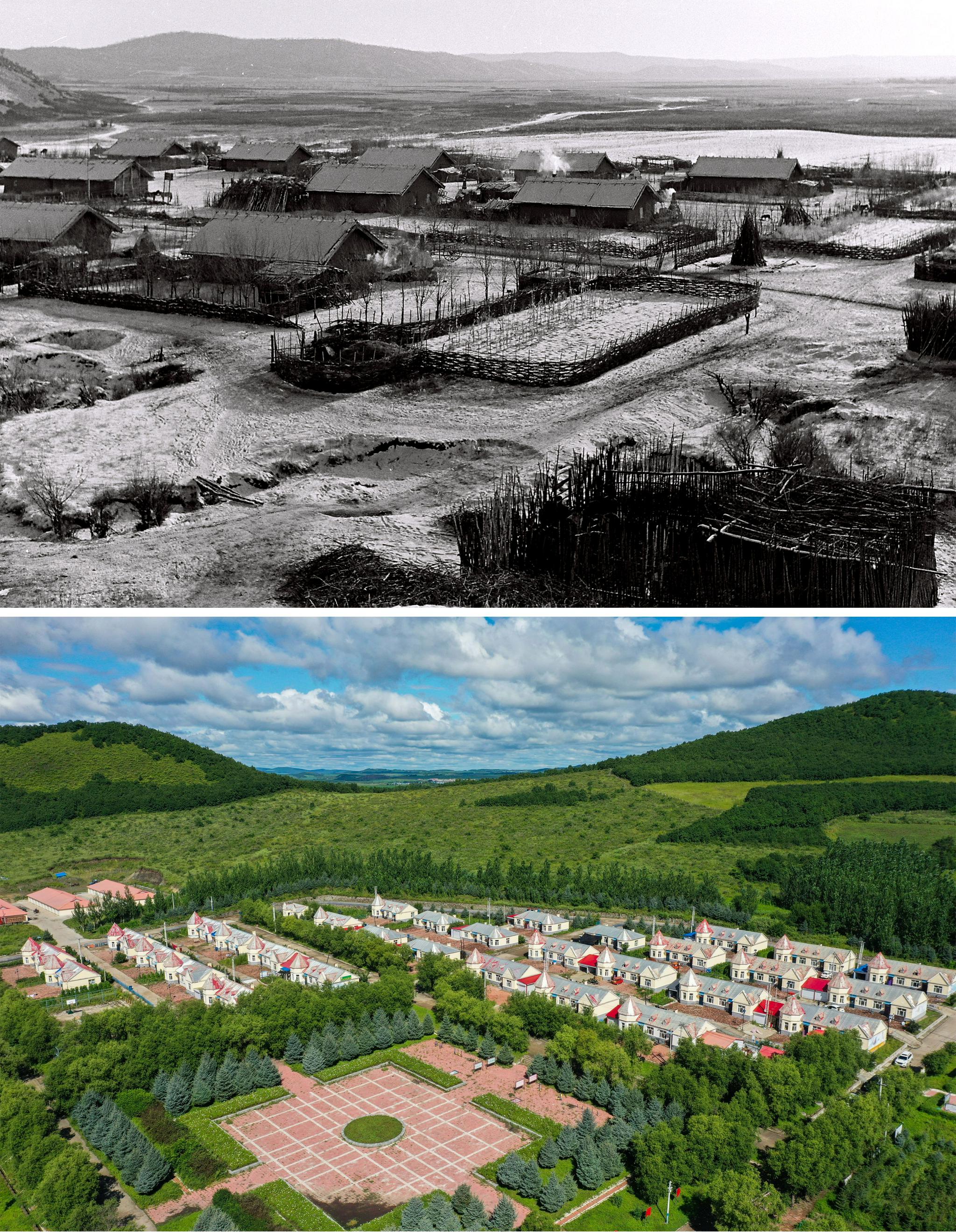 拼版照片:左图为20世纪70年代阿里河中央大街街景(资料照片,白皓摄)