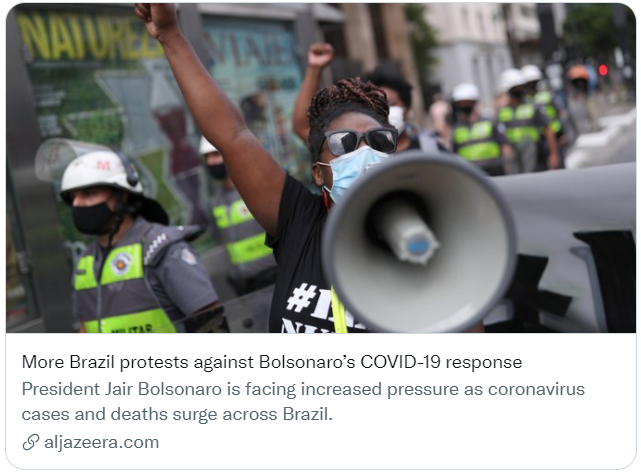 越来越多的巴西民众抗议博索纳罗的抗疫措施。社交媒体截图