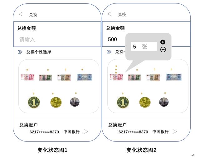 数字货币的转账支付：见变化状态图3和图4，可以设置二维码支付、扫描支付、转账等多种功能，转账支付过程可与兑换一样进行支付个性选择。