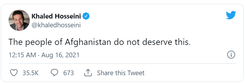 《追风筝的人》作者胡赛尼发推：阿富汗人民不应该这样被对待