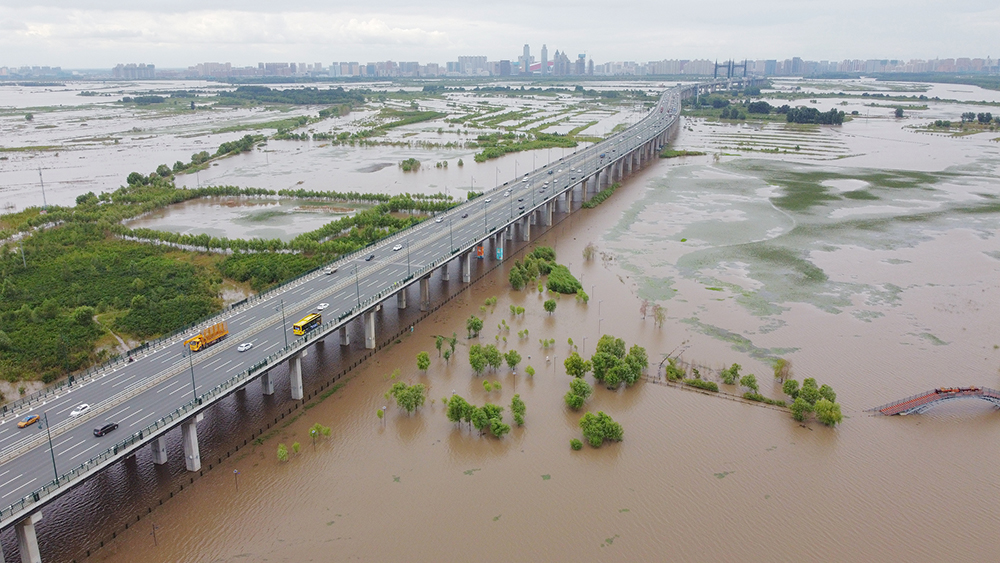 2021年8月13日,哈尔滨,松花江水位持续上涨,高出正常景观水位近两米