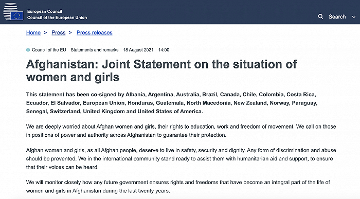 欧盟及美英等20国签署联合声明，称“对阿富汗妇女和女孩境况深表担忧”