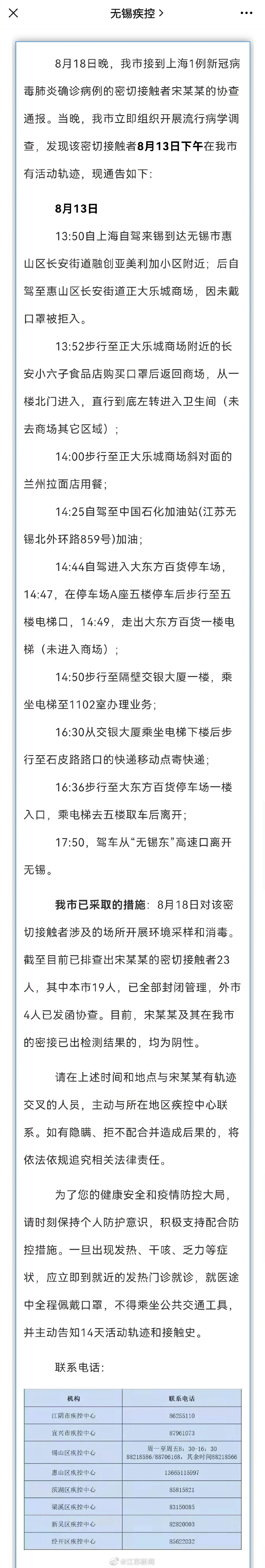 无锡通报1例确诊密接者活动轨迹休闲区蓝鸢梦想 - Www.slyday.coM 无锡通报1例确诊密接者活动轨迹休闲区蓝鸢梦想 - Www.slyday.coM