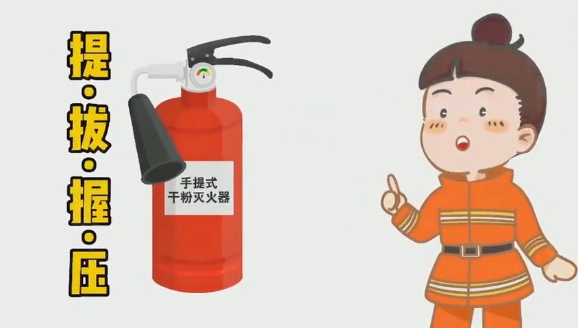 干粉灭火器使用方法:提～拔～握～压