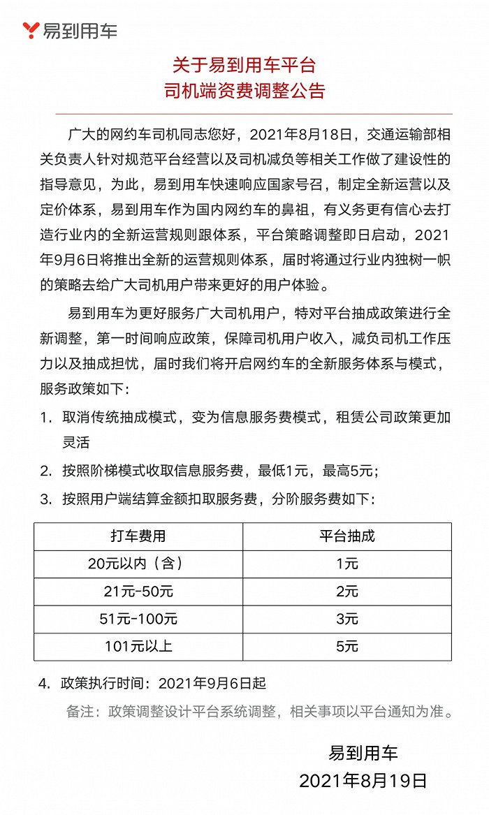 易到用车：取消传统抽成模式，按阶梯模式收取信息服务费