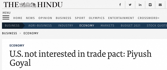 印度部长：美国已告知印度政府，对签署自贸协定“不感兴趣”