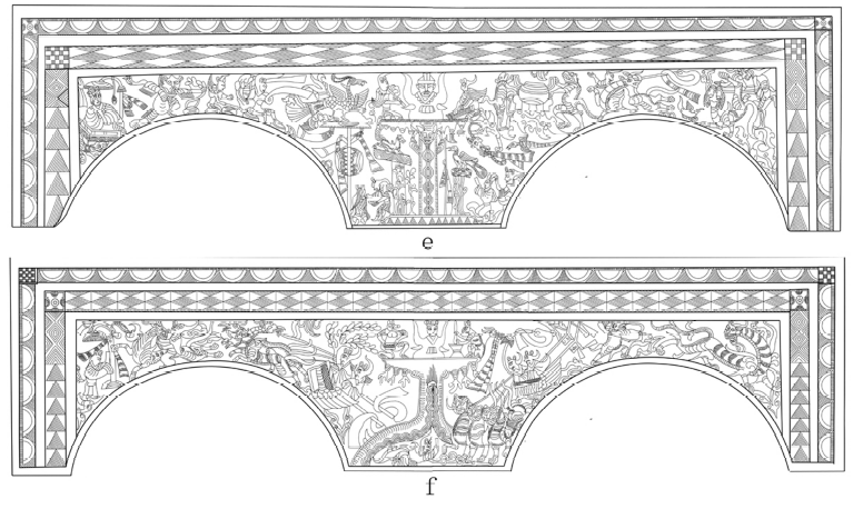 图一七 前室西过梁画像摹本e. 东面 f. 西面