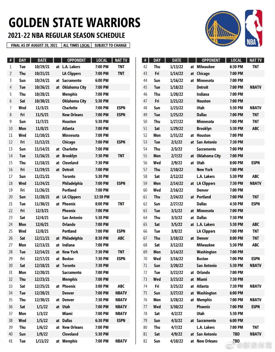 勇士新赛季赛程