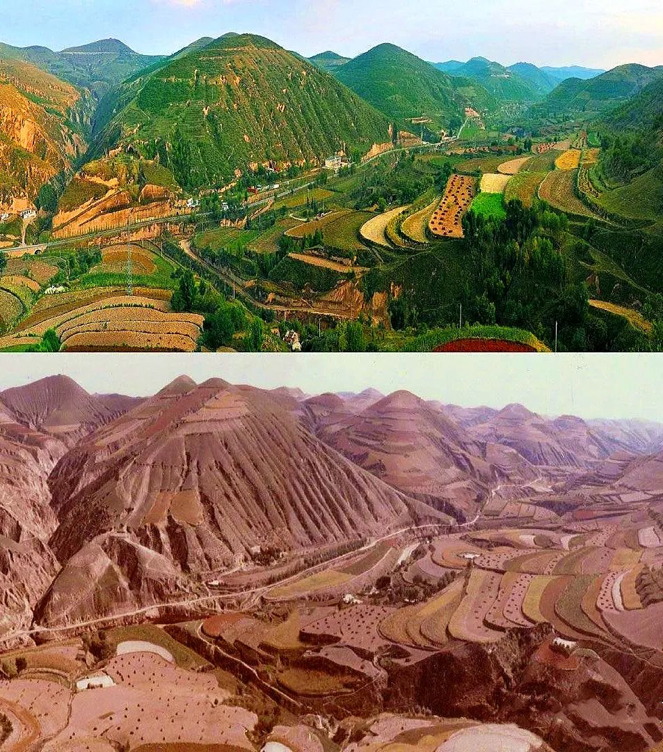 陕西延安市吴起县铁边城镇三谷窑村地处黄土高原,图为2012年(上)和