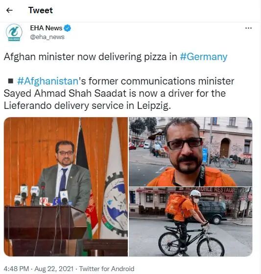 阿富汗前部长被发现在德国送外卖。