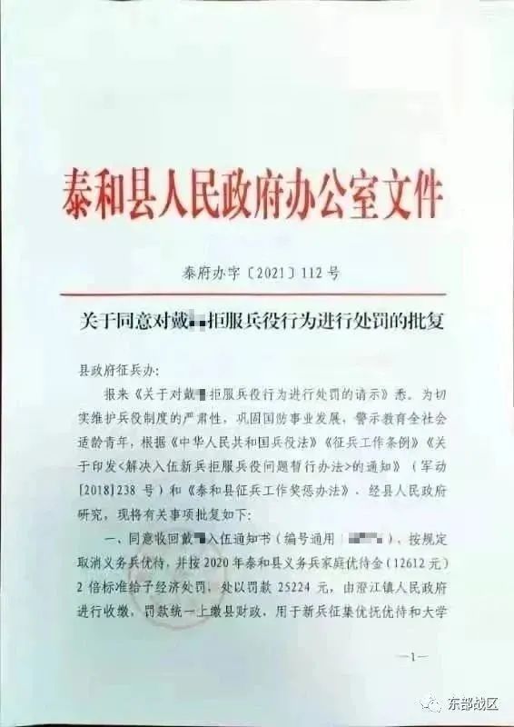 江西省泰和县人民政府对戴某拒服兵役处罚的批复