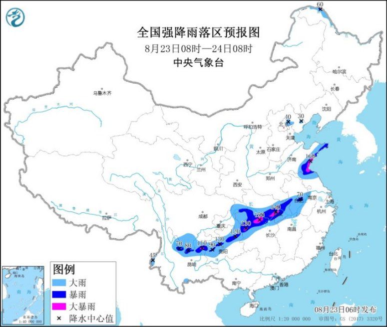 图1 全国强降雨落区预报图(8月23日08时-24日08时)